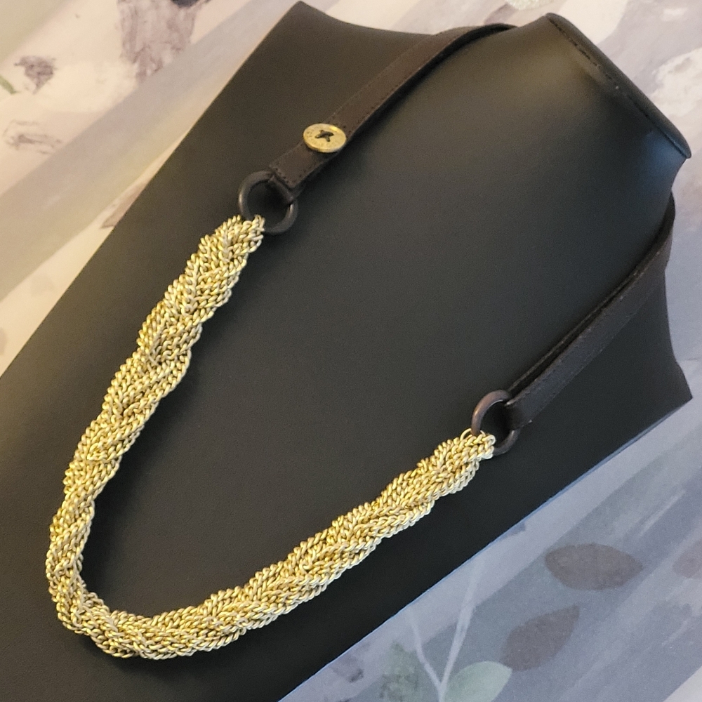 FOSSIL Leather Strap & Thick Braided Gold-tone Enmeshed Chains Necklace
